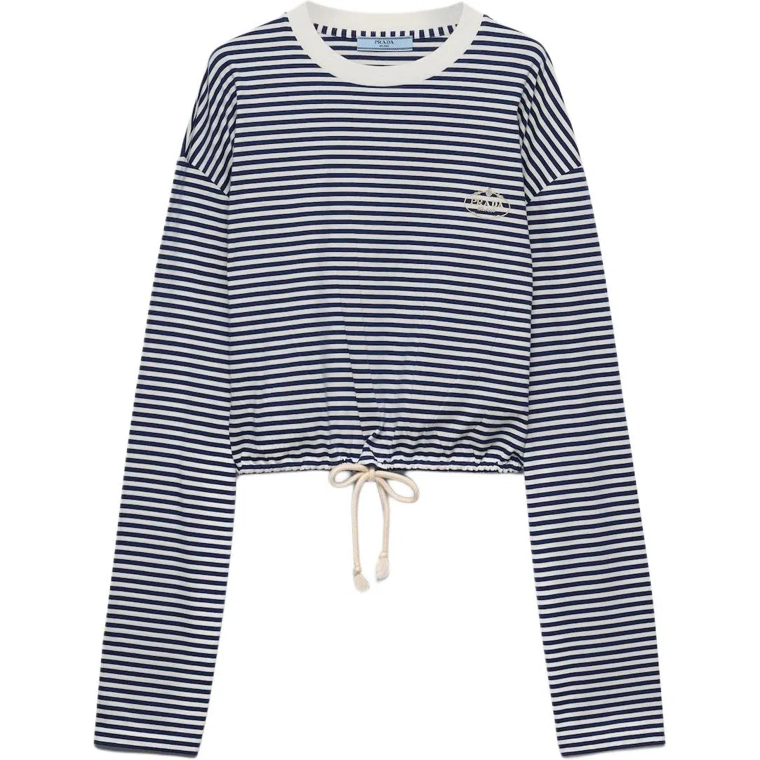 Prada Striped Knit Long Sleeve Tee Navy
