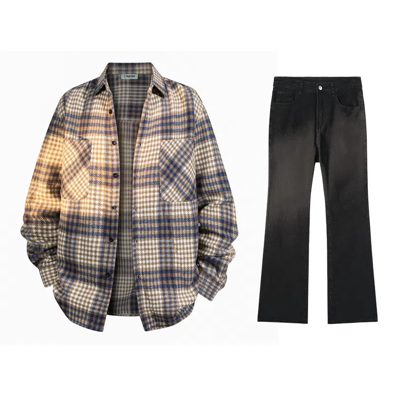 啄木鸟 复古千鸟格长袖上衣休闲系带直筒长裤衬衫套装 男款