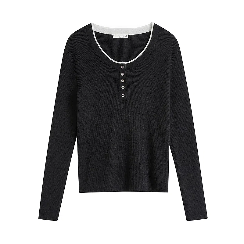 茵曼 假两件撞色拼接圆领修身长袖针织衫 女款