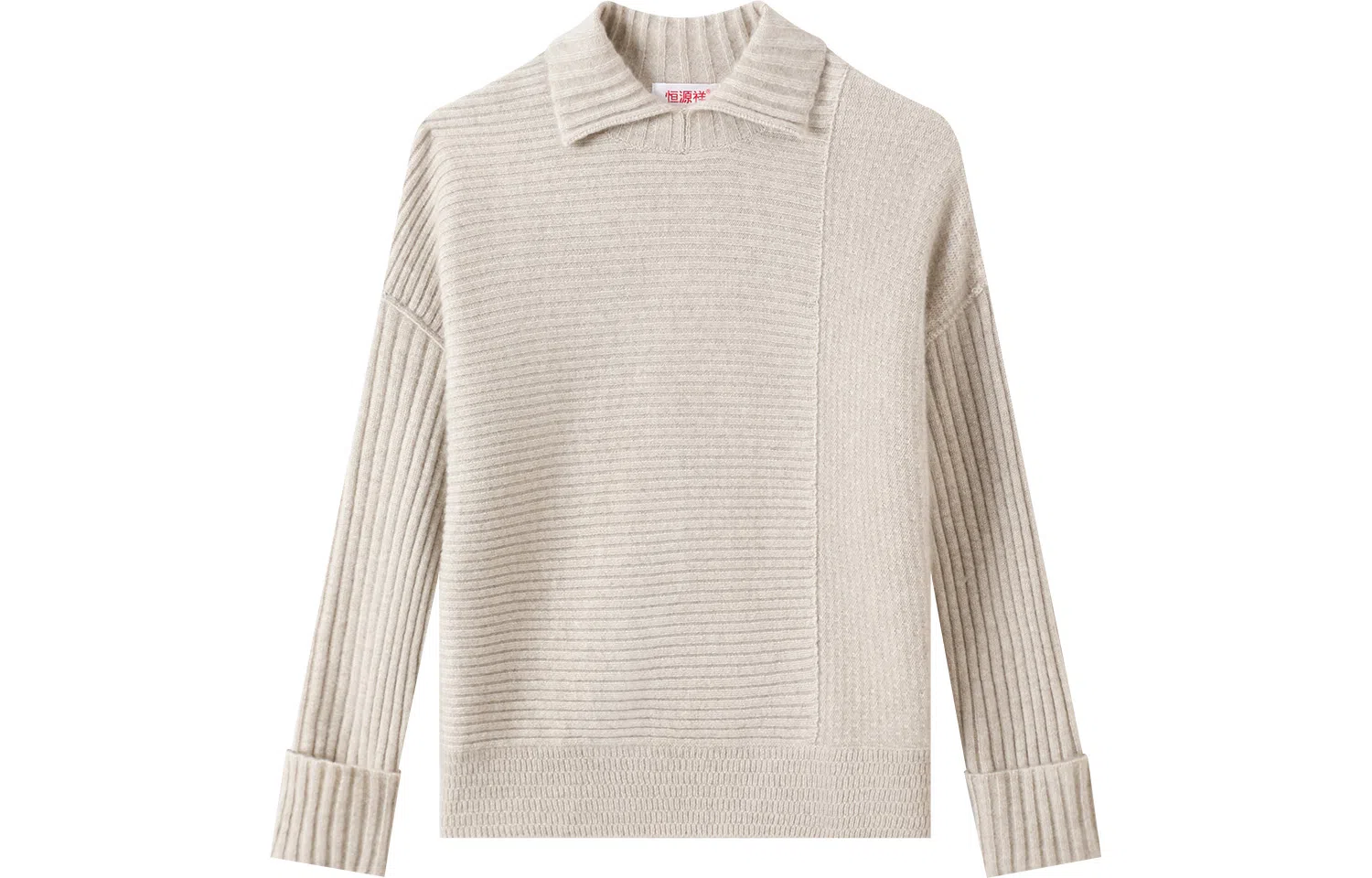 恒源祥 纯色翻领针织落肩羊绒衫 女款