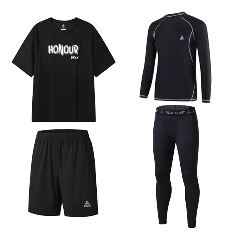 匹克 速干透气短袖五分短裤舒适健身衣训练紧身休闲运动套装 男款 黑色四件套