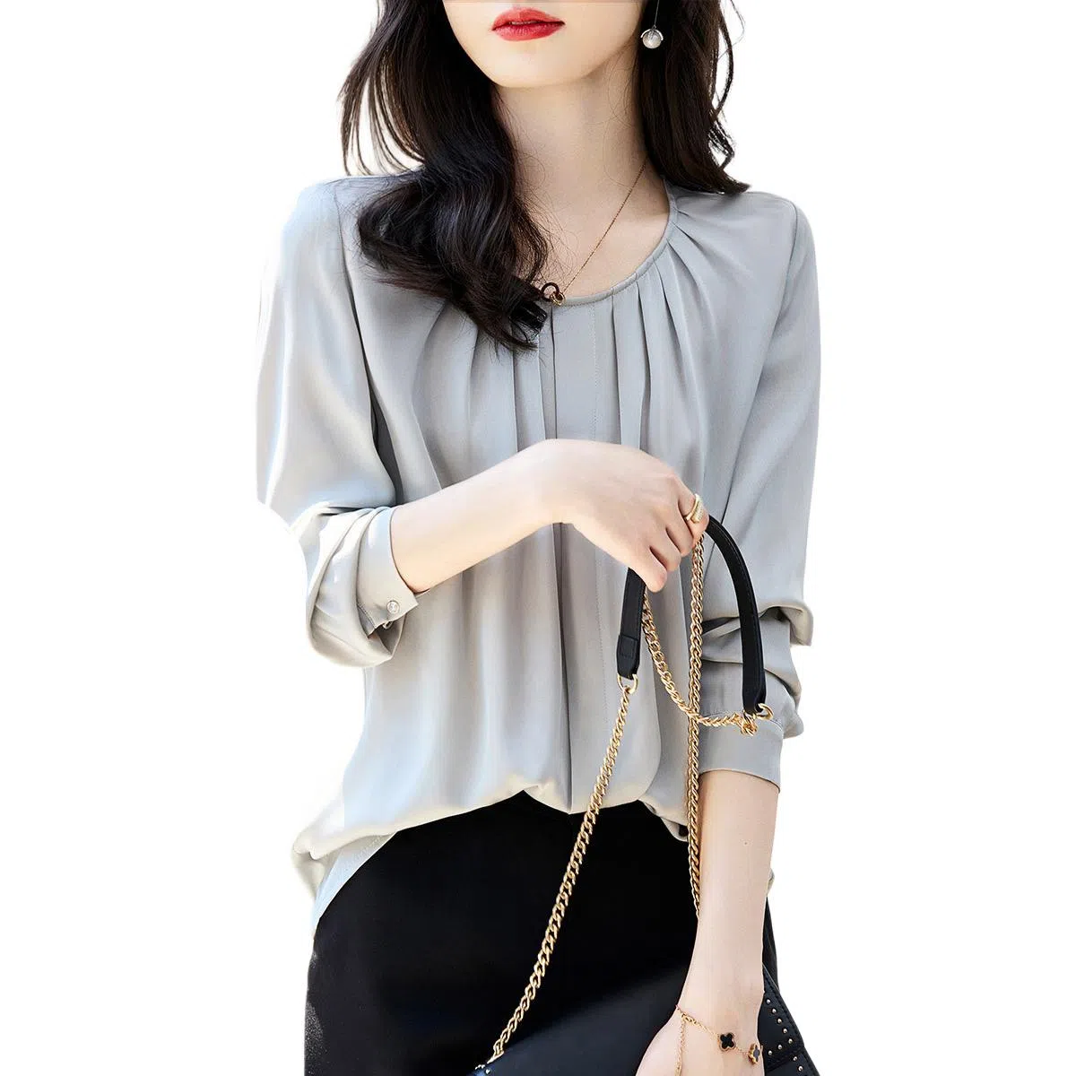 【dme】休闲纯色圆领长袖衬衫 女款