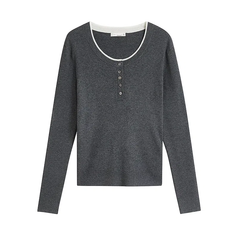 茵曼 假两件撞色拼接圆领修身长袖针织衫 女款