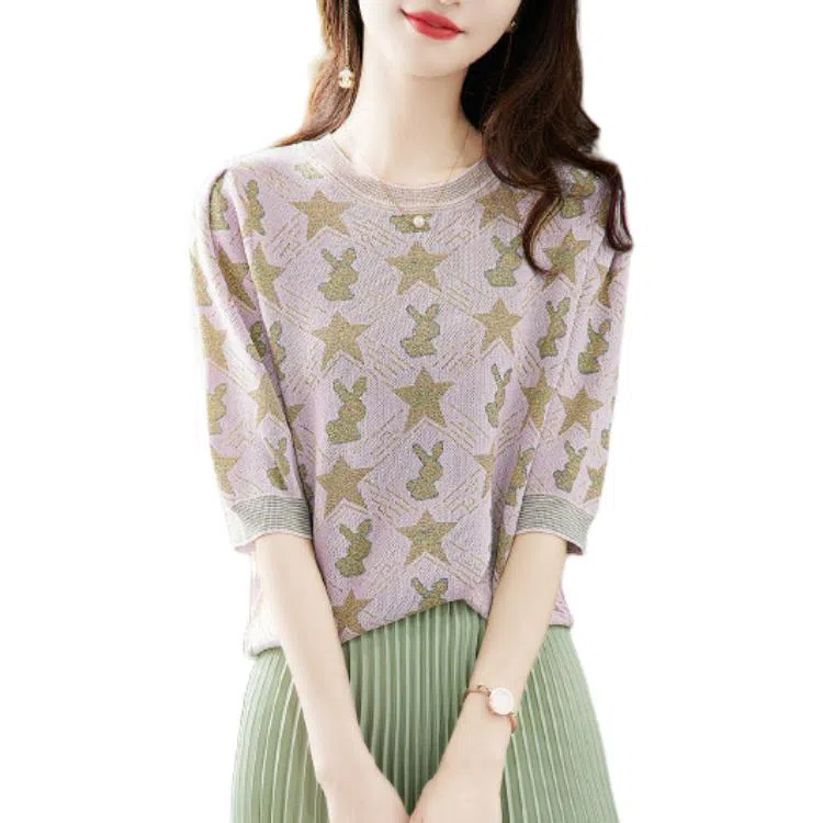 【dme】 休闲圆领薄款印花宽松针织衫 女款