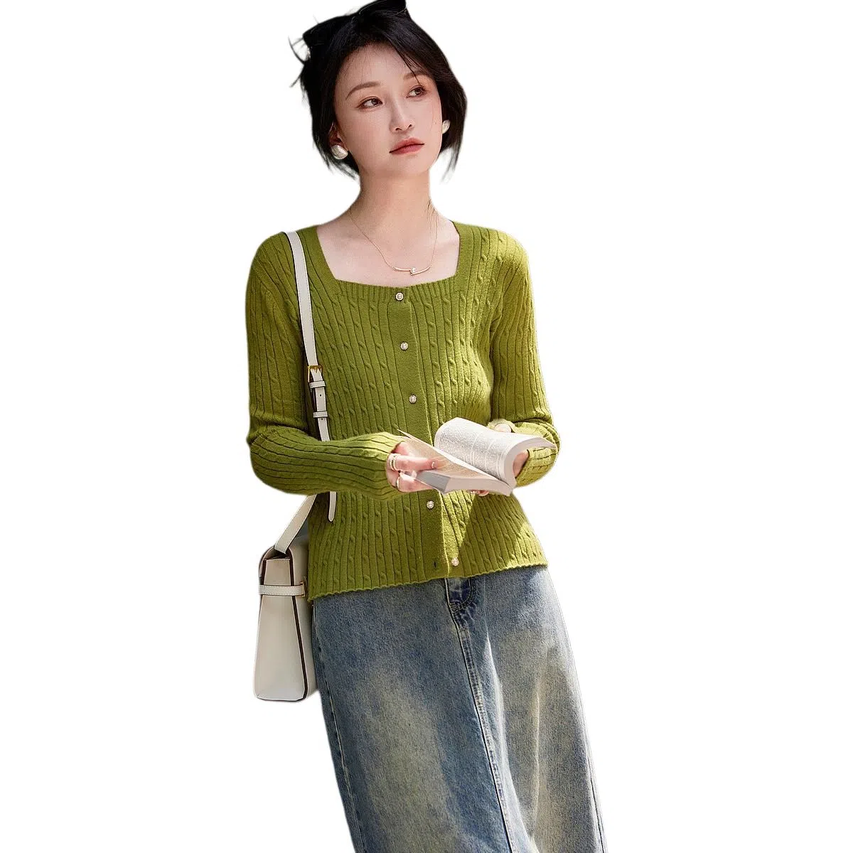 【dme】 纯色方领单排扣长袖针织衫 女款