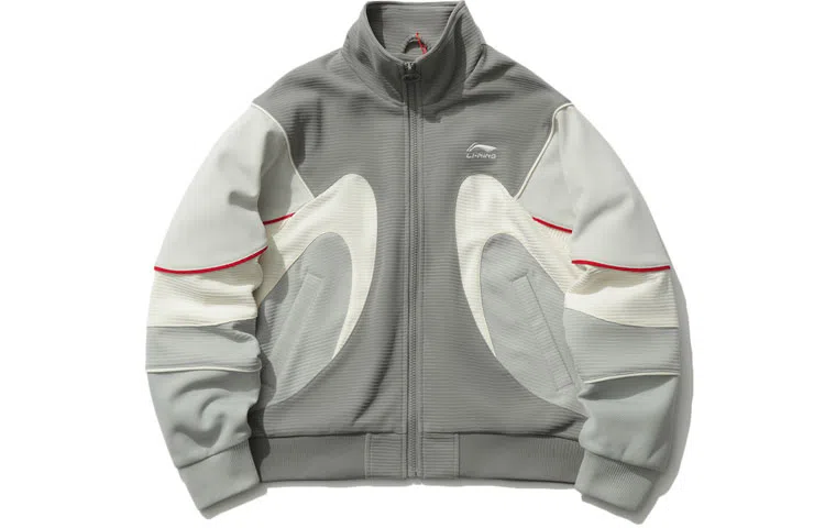 中国李宁 运动时尚系列 撞色针织运动立领夹克 女款 灰色