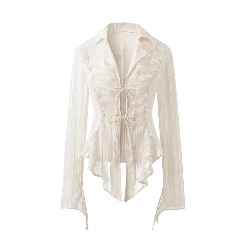 JUFU V-Neck Long Sleeve Shirt Beige