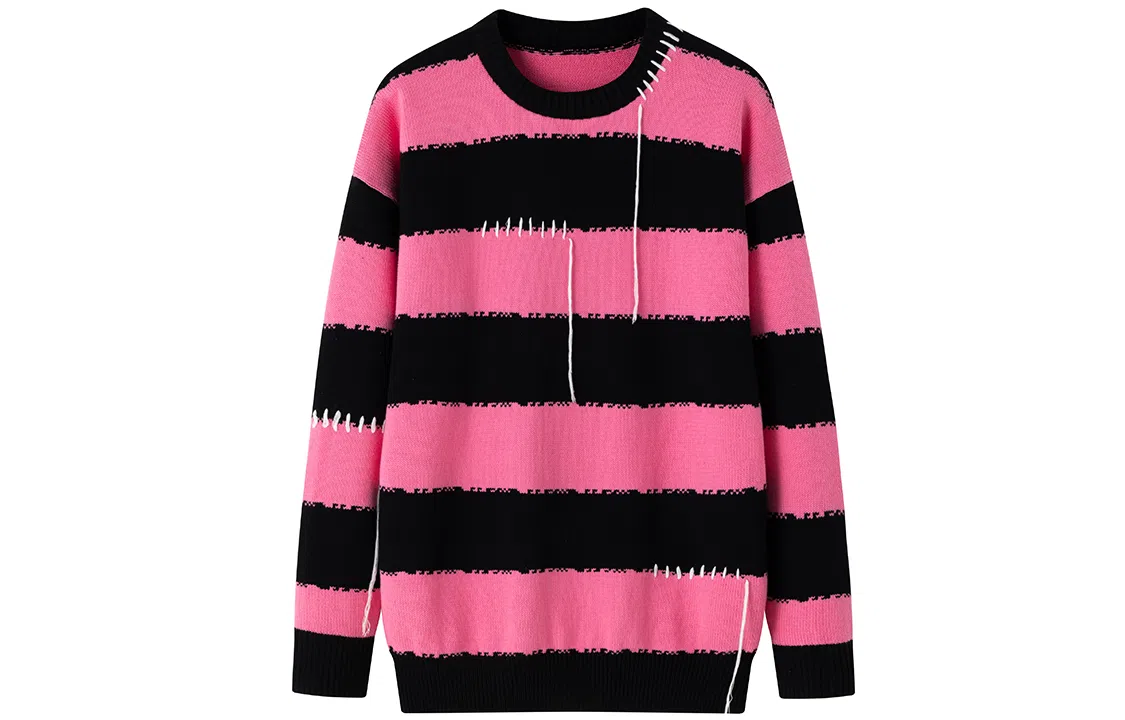 东鲸岁时记 条纹套头宽松撞色针织衫 女款 黑粉色