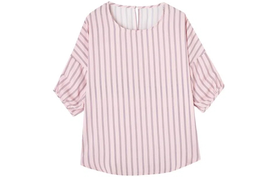 【dme】 休闲通勤法式落肩条纹短袖衬衫 女款 浅粉红