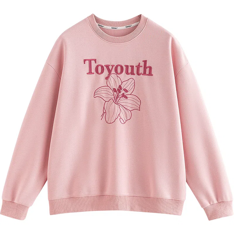 初语 慵懒风刺绣百合花套头圆领无帽卫衣 女款