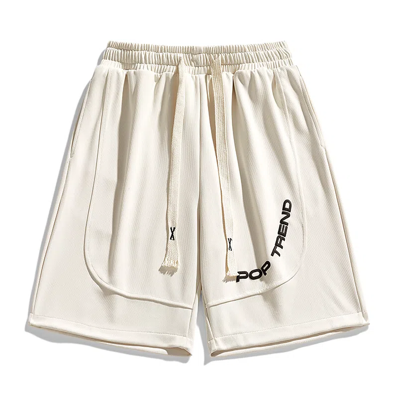 快鱼 美式复古纯色拼接条纹字母潮牌时尚百搭轻薄透气抽绳系带宽松直筒五分休闲短裤 男女同款