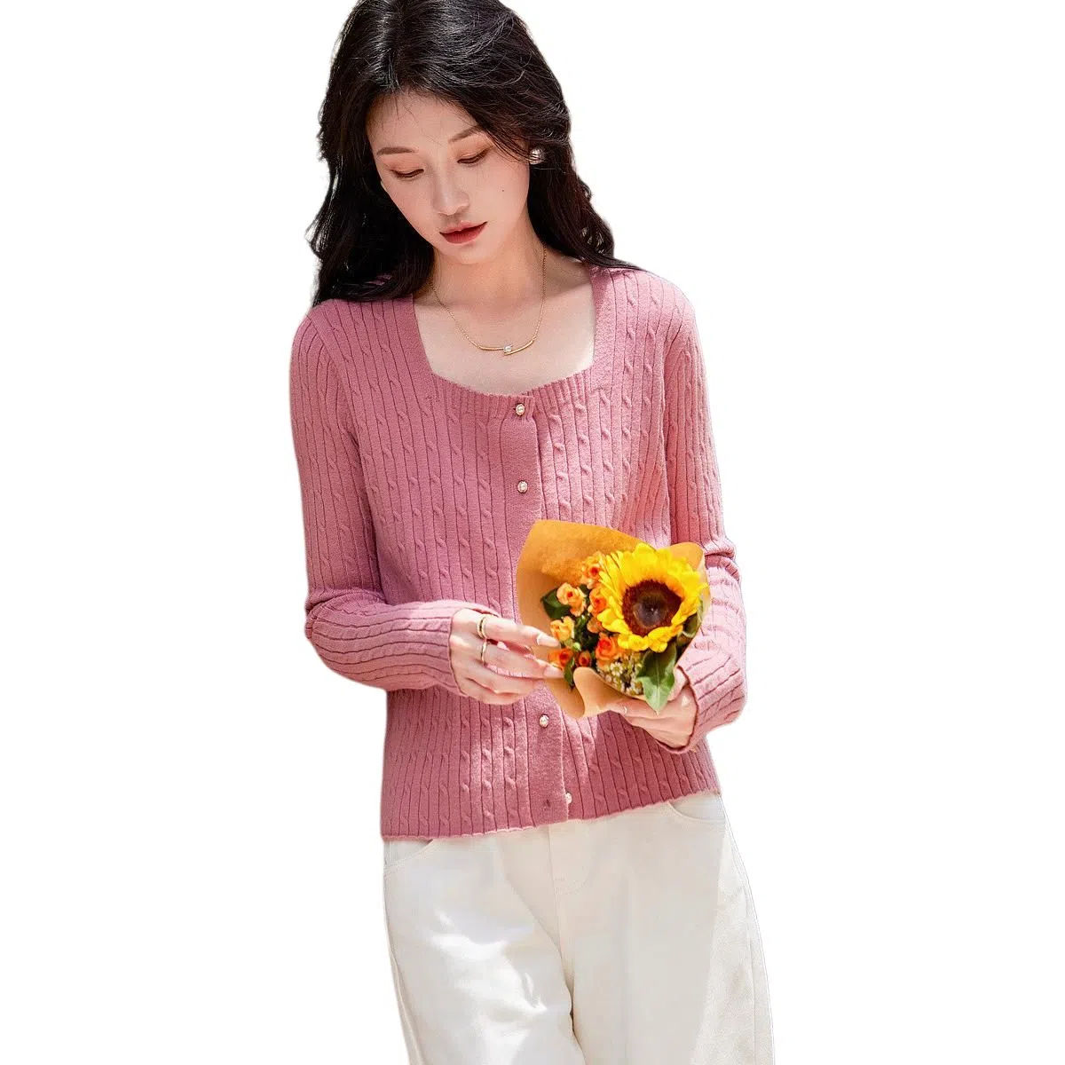 【dme】 纯色方领单排扣长袖针织衫 女款