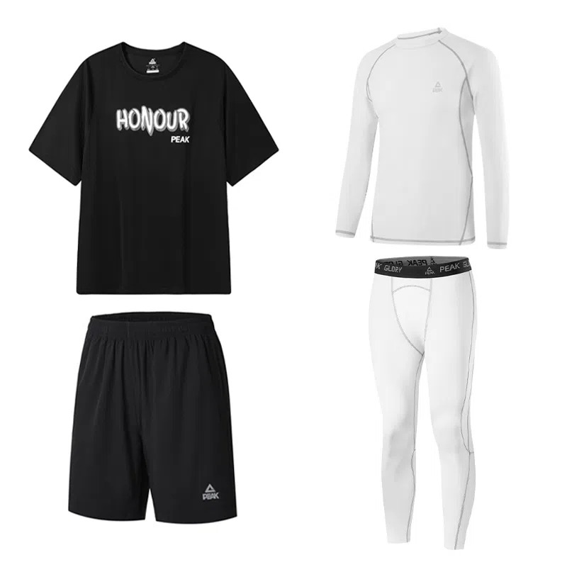 匹克 速干透气短袖五分短裤舒适健身衣训练紧身休闲运动套装 男款 黑色四件套