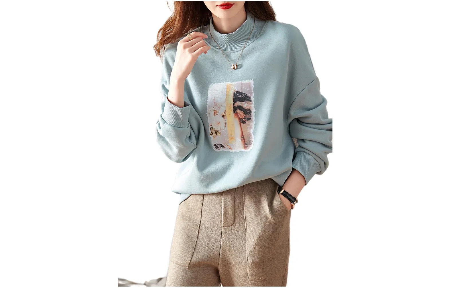 【dme】 纯色半高领印花休闲长袖卫衣 女款