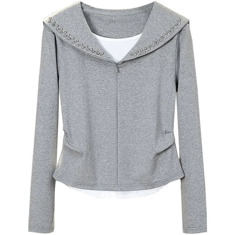 她池 海军领修身假两件长袖卫衣 女款 浅灰色