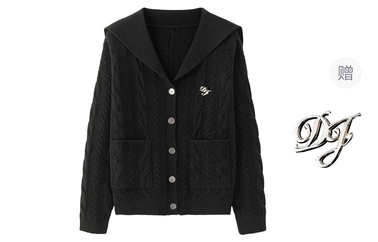 东鲸岁时记 复古绞花宽松刺绣海军领针织衫 女款 黑色