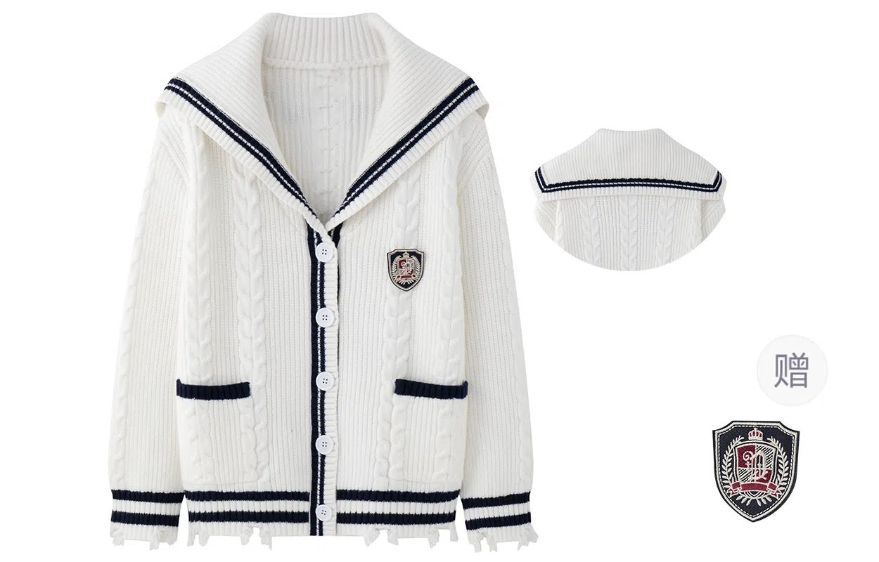 东鲸岁时记 学院风复古绞花高级感宽松休闲海军领松弛感文艺风单排扣毛衣开衫外套针织衫 春秋季 男女同款 白色