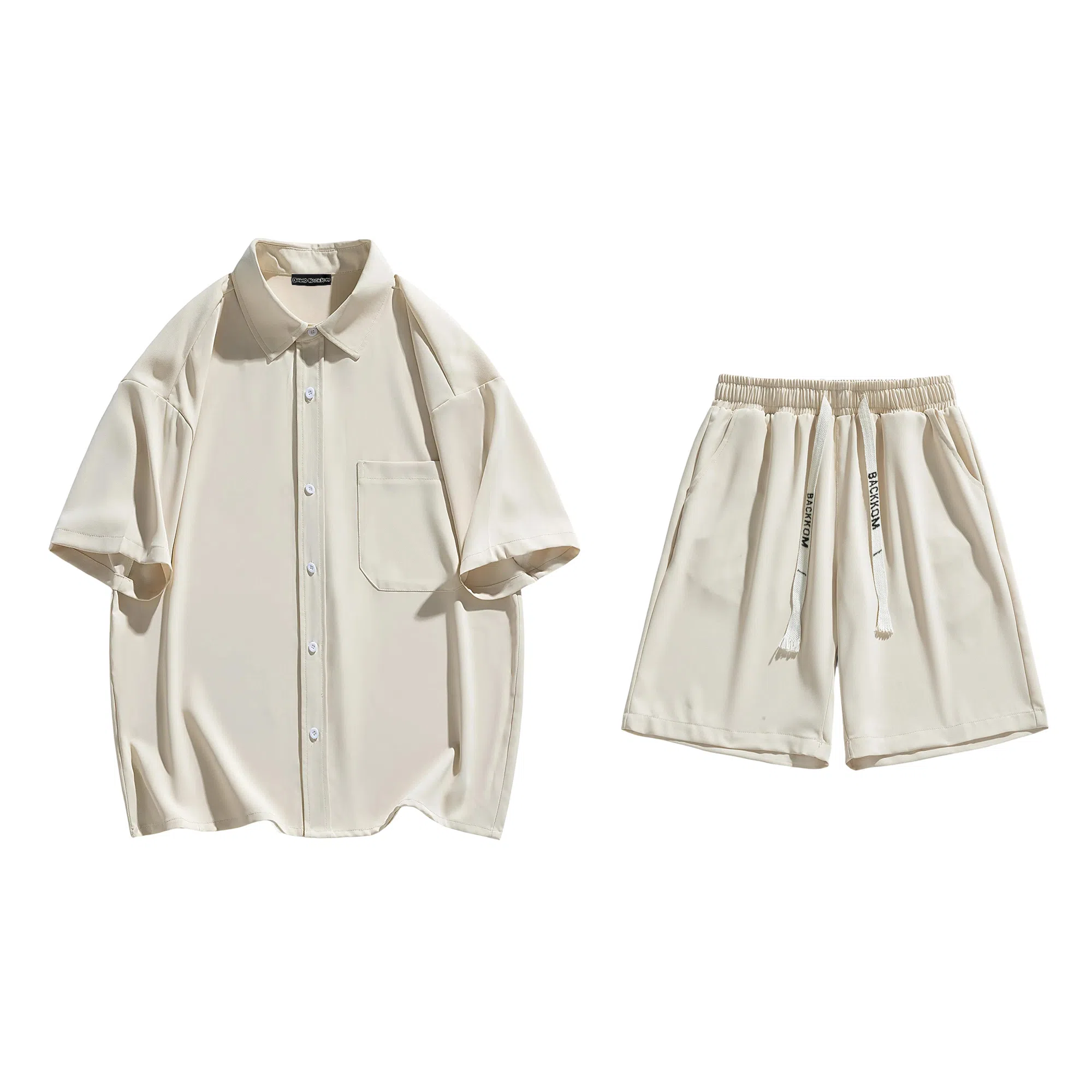 大卫贝肯 美式复古简约纯色宽松透气高级感痞帅垂感短袖上衣休闲字母休闲短裤衬衫套装 男女同款
