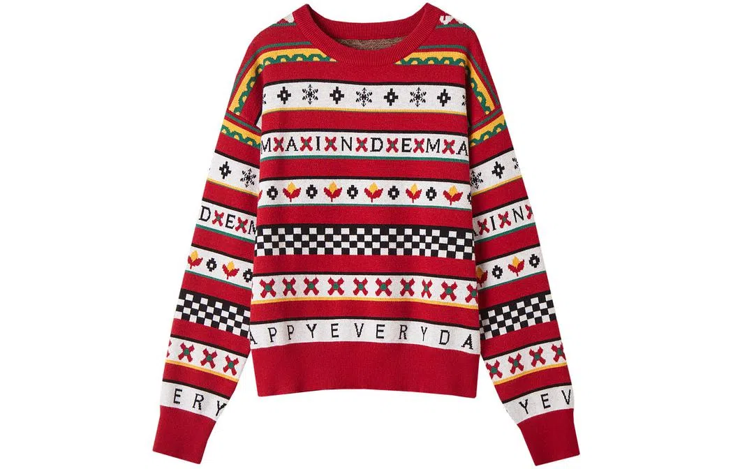 【dme】 圆领条纹印花长袖针织衫 女款 中国红