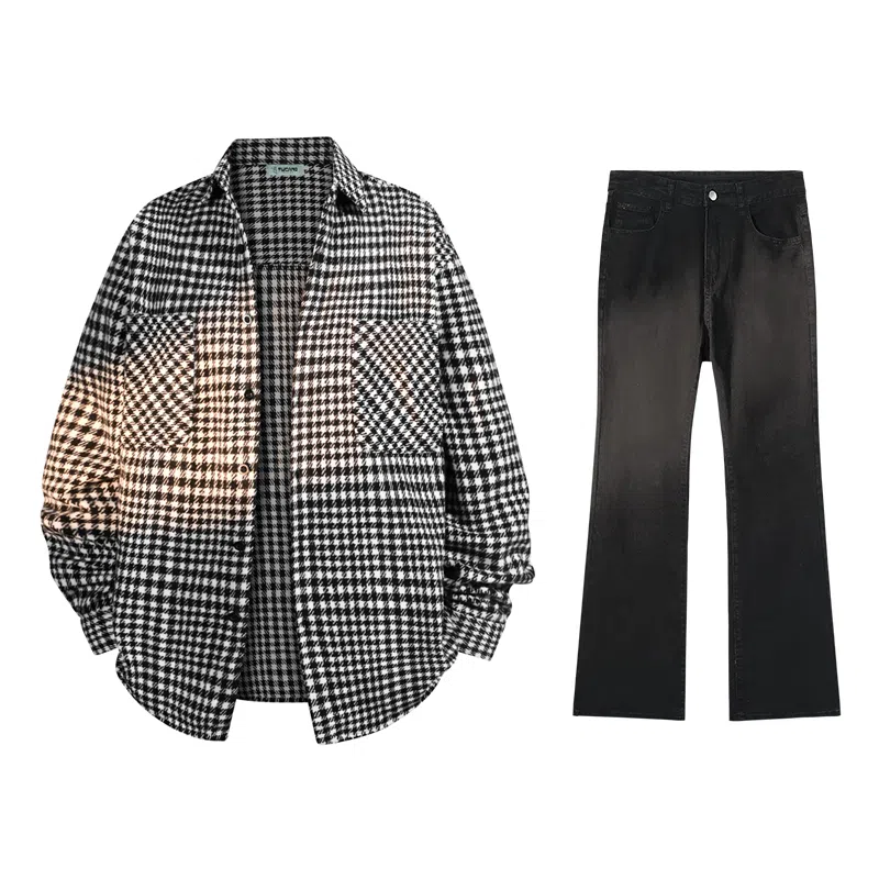 啄木鸟 复古千鸟格长袖上衣休闲系带直筒长裤衬衫套装 男款