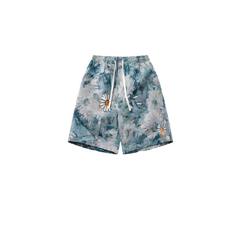 玉儿恋 潮牌美式花卉满印复古宽松五分休闲短裤 男款