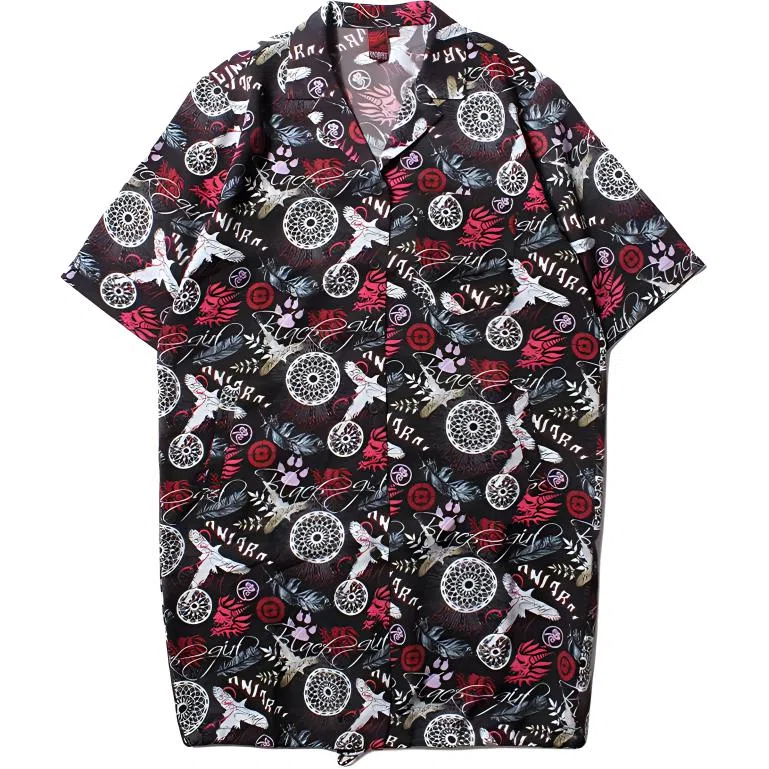 鬼洗 满印立领纽扣中长款短袖衬衫 女款