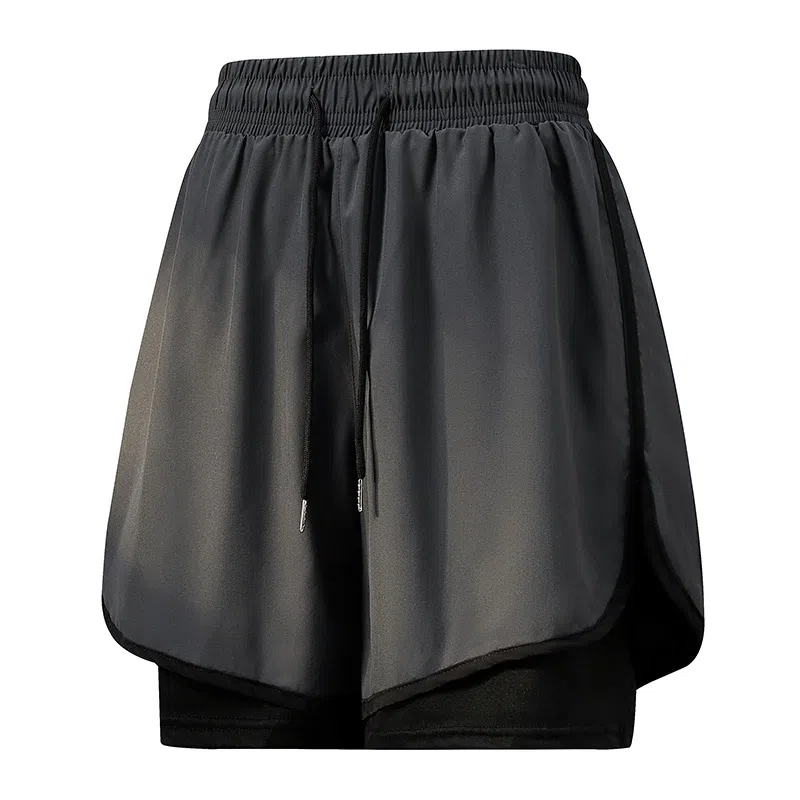 兰缪 美式复古纯色基础款舒适宽松亲肤柔软透气户外运动日常通勤无性别主义高街风百搭系带假两件三分中腰篮球裤休闲短裤 男女同款