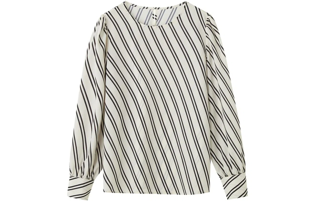 【dme】 圆领套头雪纺休闲通勤法式落肩条纹短袖衬衫 女款 米白