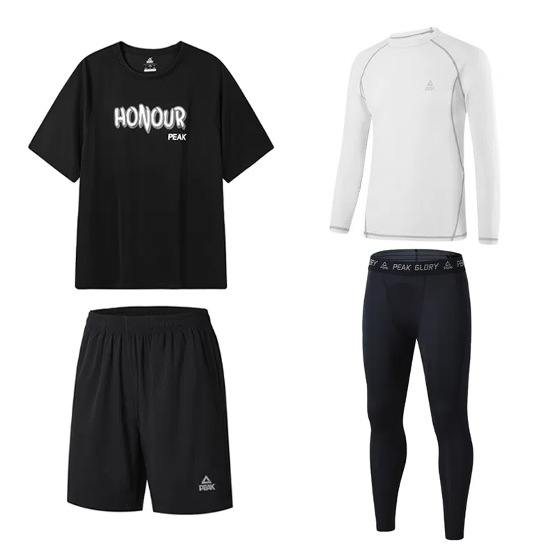 匹克 速干透气短袖五分短裤舒适健身衣训练紧身休闲运动套装 男款 黑色四件套