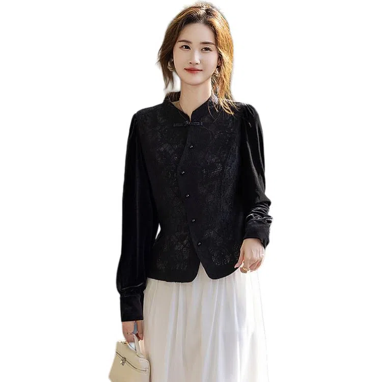 【dme】 复古新中式立领优雅蕾丝长袖衬衫 女款