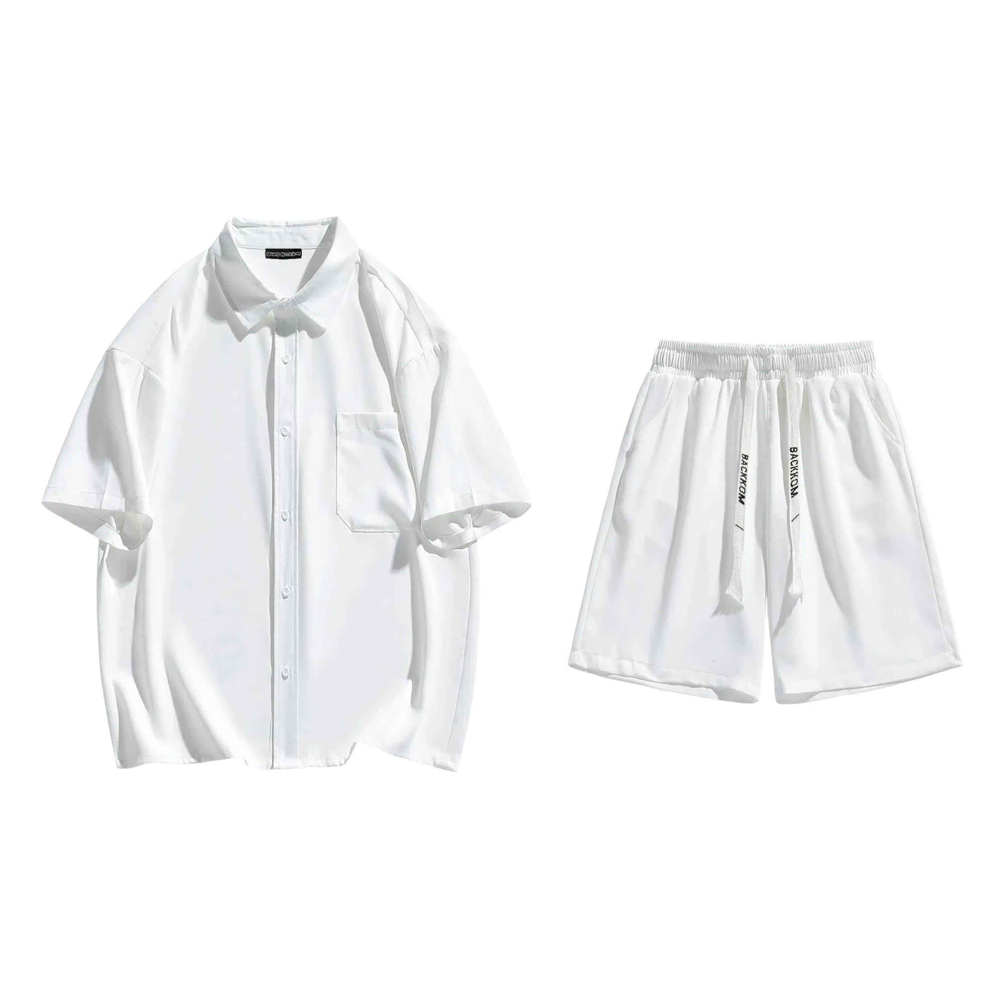 大卫贝肯 美式复古简约纯色宽松透气高级感痞帅垂感短袖上衣休闲字母休闲短裤衬衫套装 男女同款