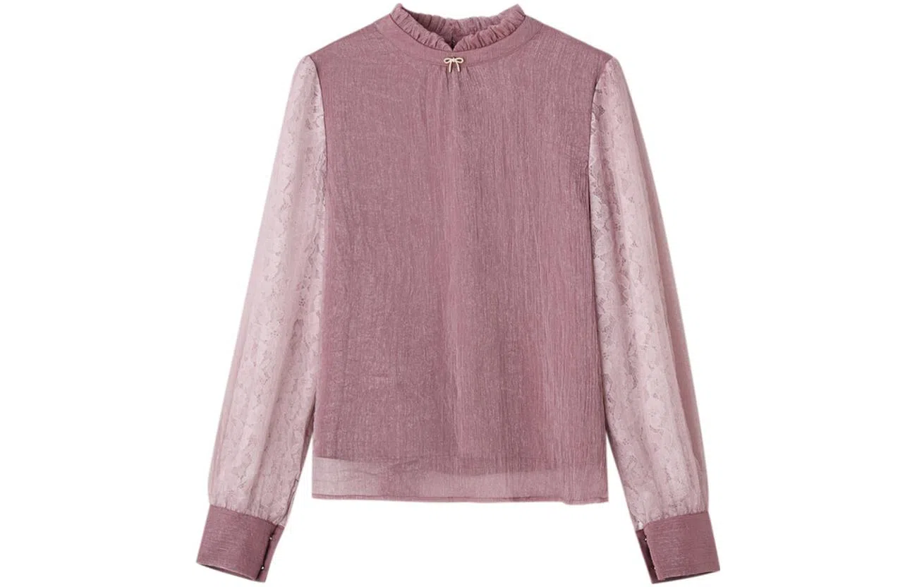 【dme】 蕾丝荷叶边撞色长袖衬衫 女款 豆沙粉