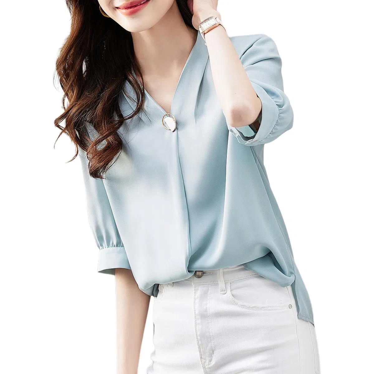 【dme】 气质纯色雪纺短袖衬衫 女款