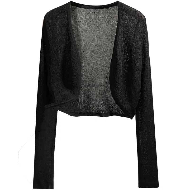 她池 小清新外搭长袖镂空短款针织衫 女款