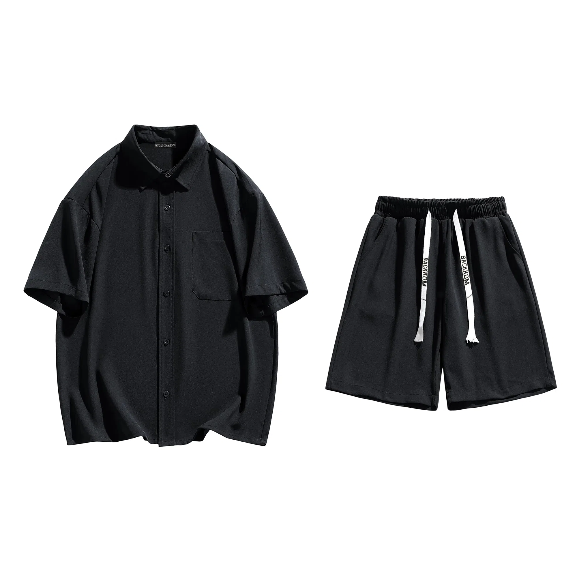 大卫贝肯 美式复古简约纯色宽松透气高级感痞帅垂感短袖上衣休闲字母休闲短裤衬衫套装 男女同款