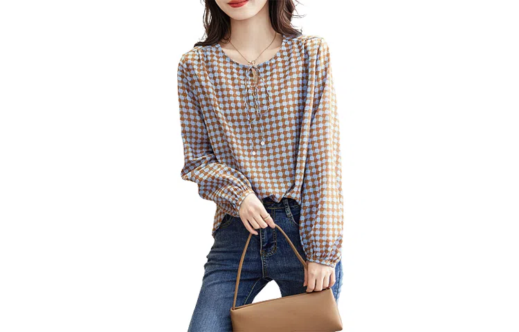 【dme】 休闲圆领系带圆点长袖雪纺衫 女款 灰蓝