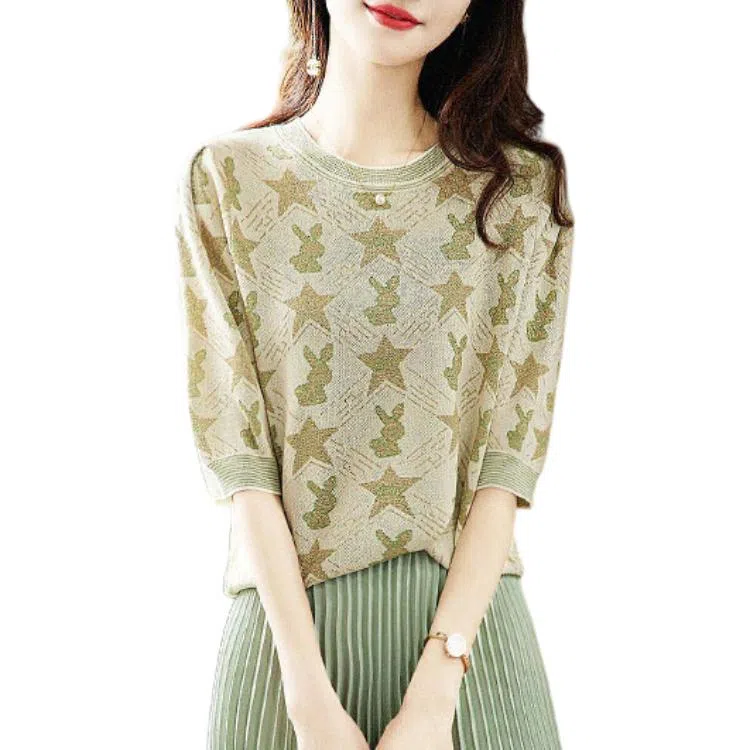 【dme】 休闲圆领薄款印花宽松针织衫 女款