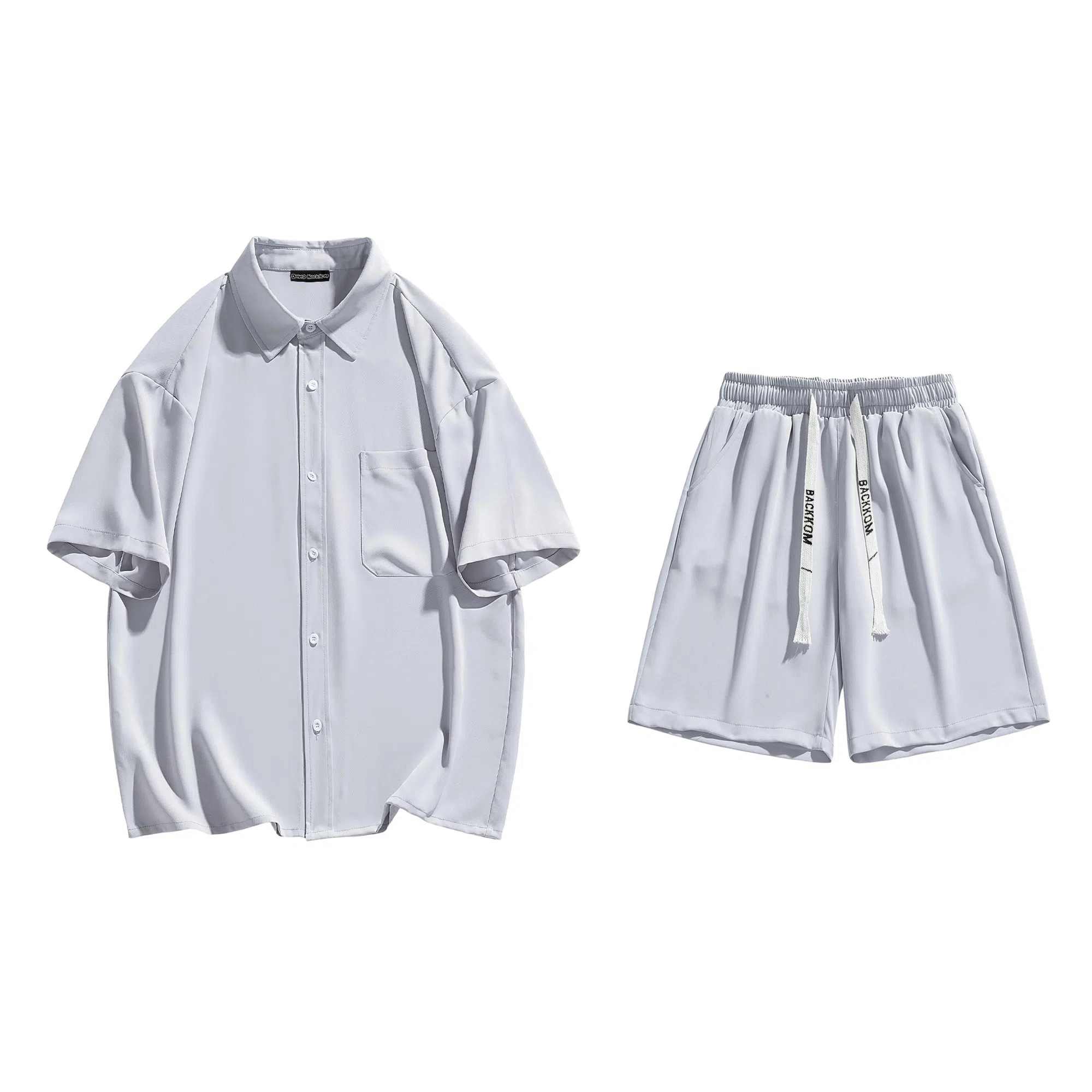大卫贝肯 美式复古简约纯色宽松透气高级感痞帅垂感短袖上衣休闲字母休闲短裤衬衫套装 男女同款