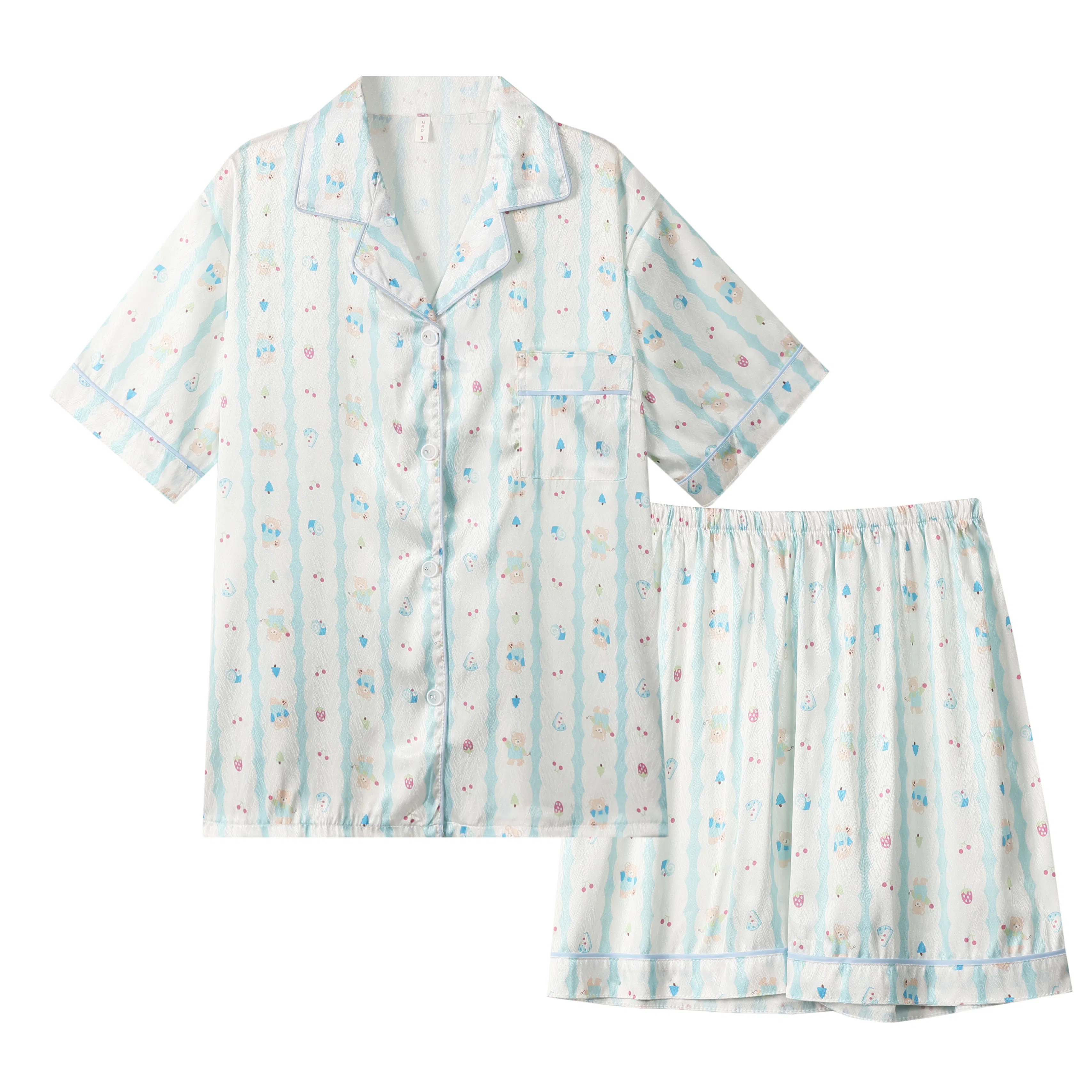 夏芬妍 可爱舒适卡通条纹小熊冰丝翻领家居服亲肤休闲短袖短裤时尚可外穿睡衣套装 女款 蓝色