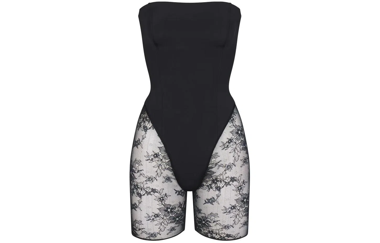 SKIMS Ultra Fine Lace Strapless Onesie Onyx