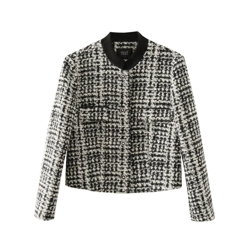 娅丽达 立领千鸟格小香风羊毛加厚夹克 女款 黑色