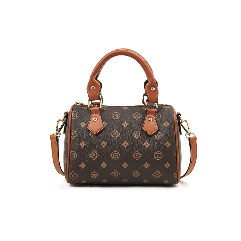 老人头 法式复古日常通勤时尚百搭波士顿包 合成革 手提包 常规 女款 咖色