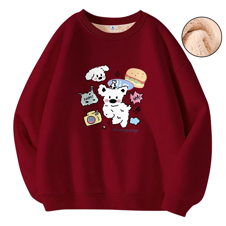 棉致 汉堡小狗简约羊羔绒加绒加厚舒适细腻宽松落肩保暖圆领长袖卫衣 男女同款