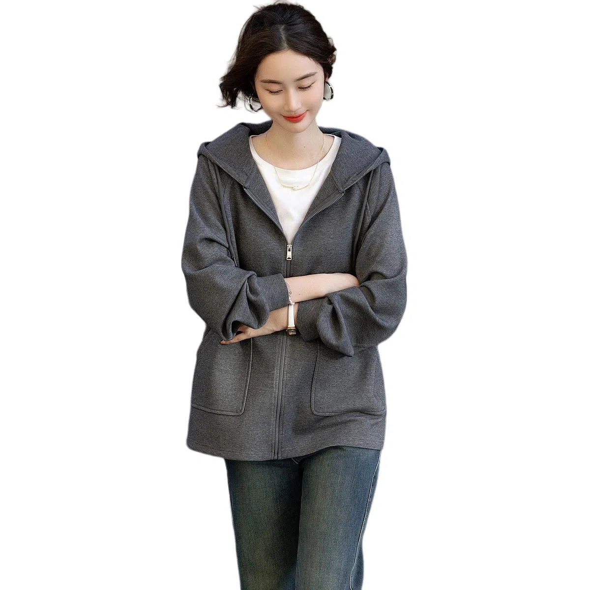 【dme】 纯色连帽拉链插肩长袖卫衣 女款