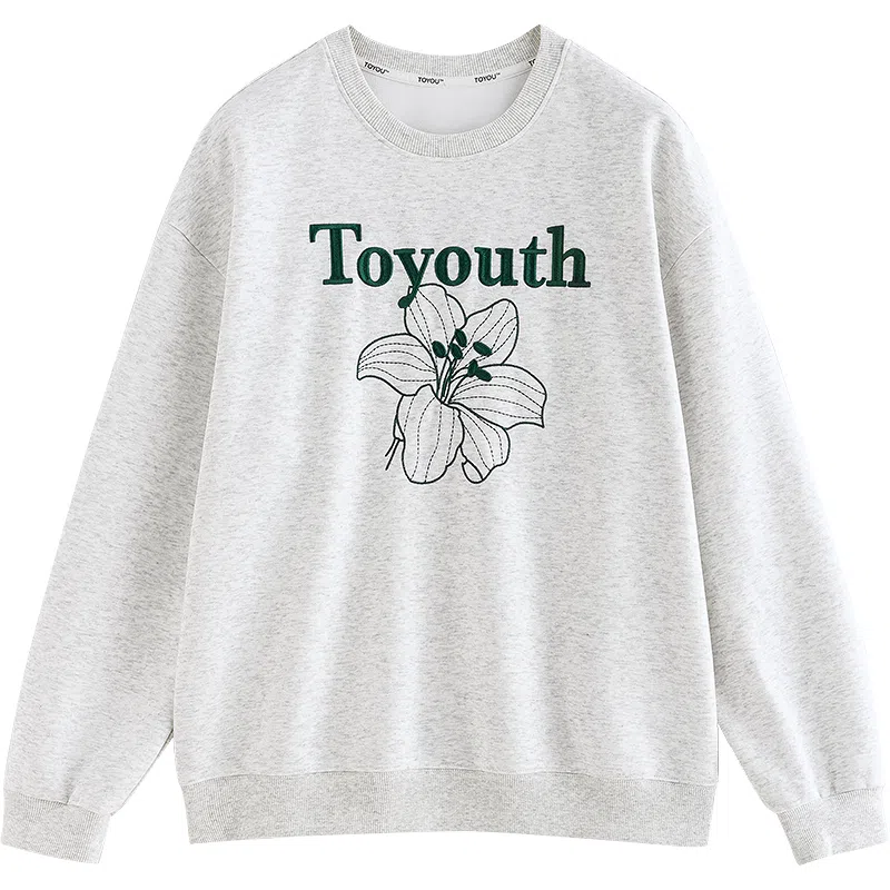 初语 慵懒风刺绣百合花套头圆领无帽卫衣 女款