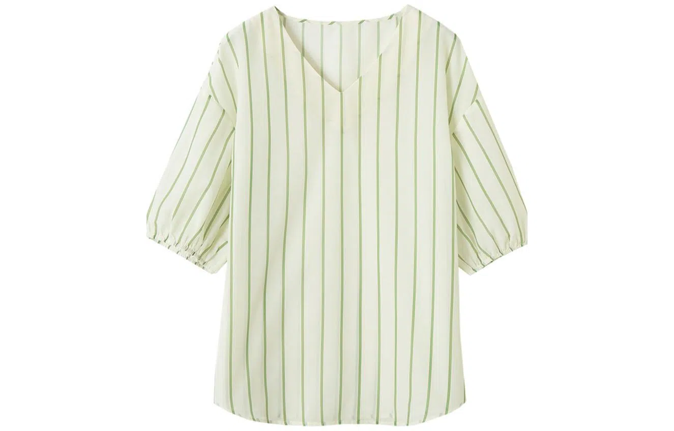 【dme】 休闲印花条纹宽松薄款短袖衬衫 女款 绿色
