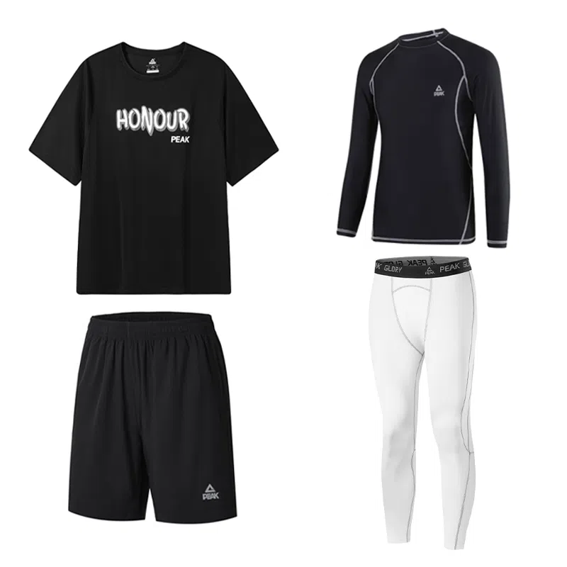 匹克 速干透气短袖五分短裤舒适健身衣训练紧身休闲运动套装 男款 黑色四件套