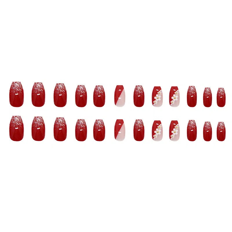 馨枕居 小花金珠细闪法式  穿戴甲 短梯红色跳色 爆闪