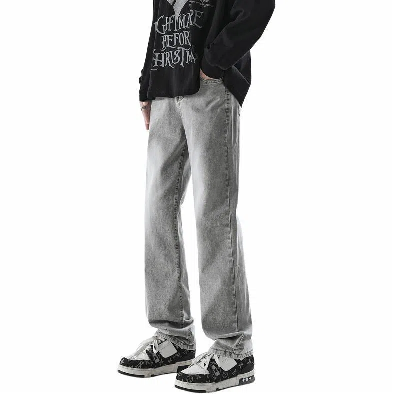 美式高街复古做旧直筒潮流宽松基础纯色显高垂感高腰痞帅设计感休闲百搭款经典牛仔裤 男女同款