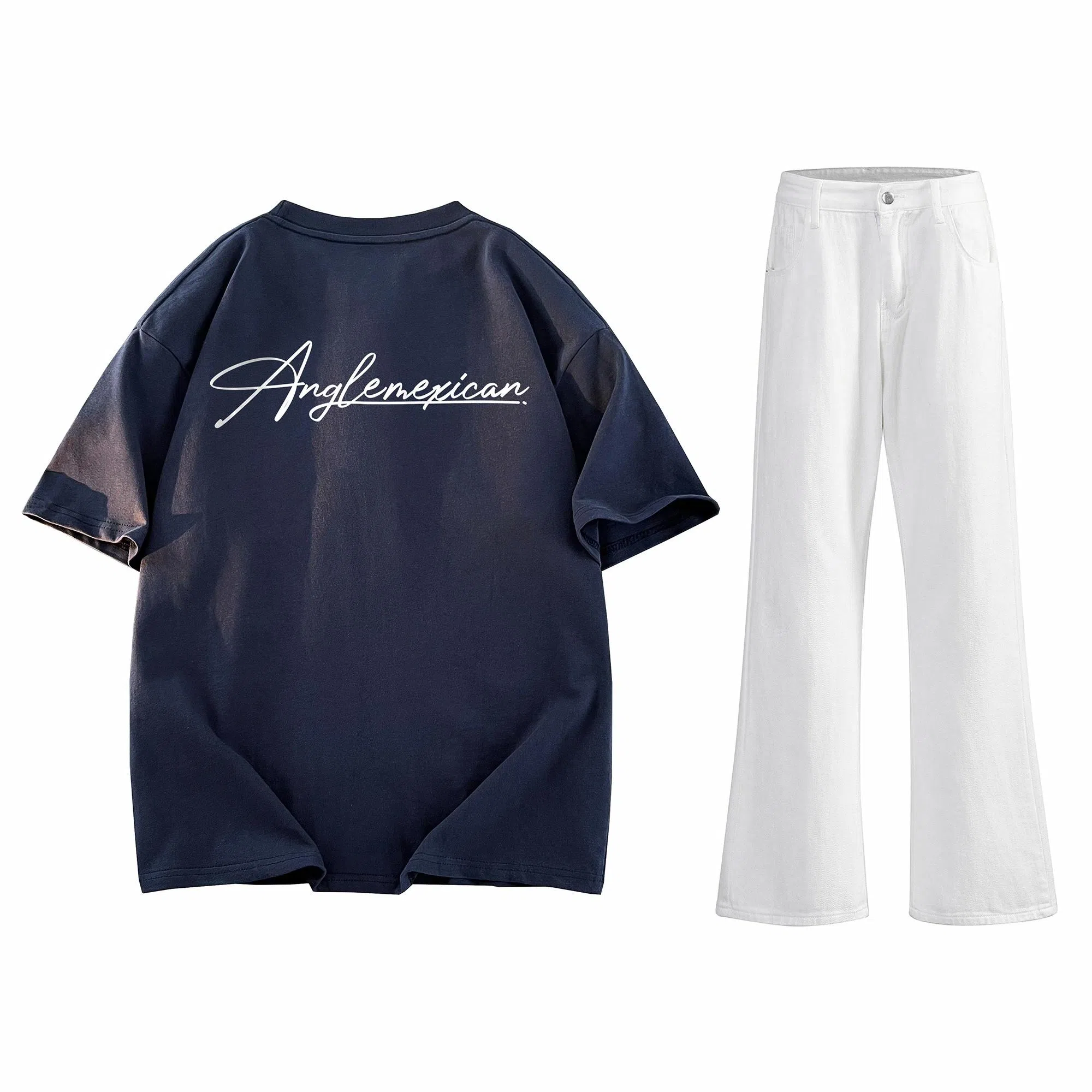 稻草人 美式高街花体字母百搭重磅纯棉宽松落肩短袖中腰水洗做旧垂感微喇叭牛仔裤休闲运动套装 男女同款